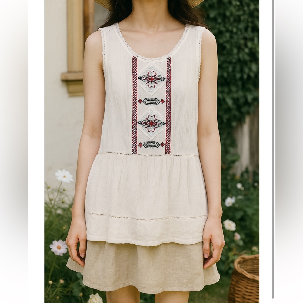 ROOTS | White Tank Top with Red Embroidery